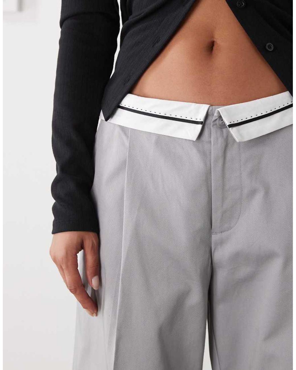 Monki Gray Wide Leg Twill Pants With Fold Over Waist