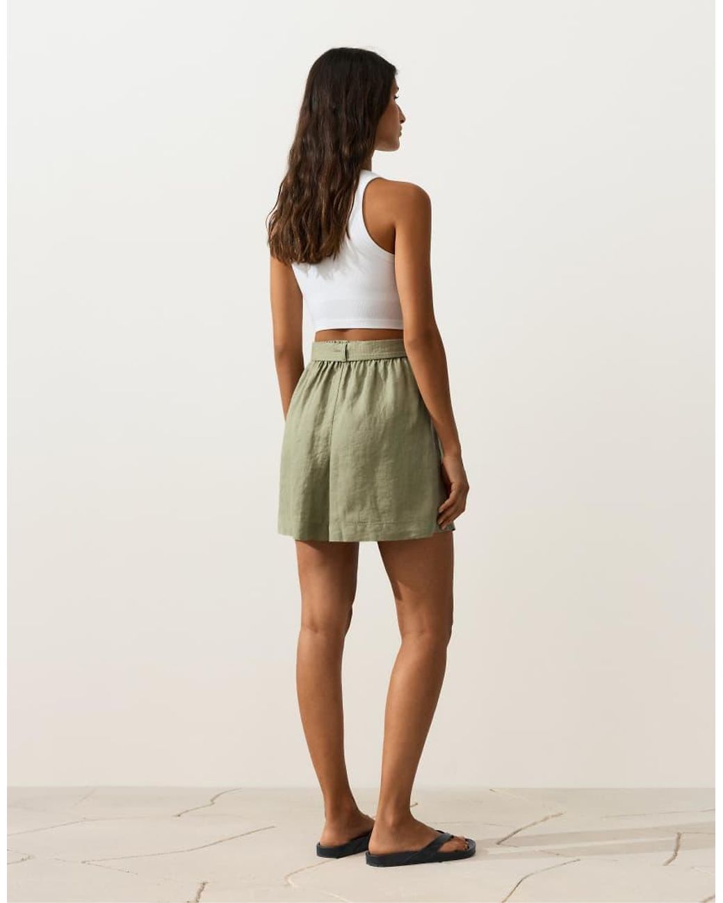 Oysho Green 100% Linen Shorts With Belt