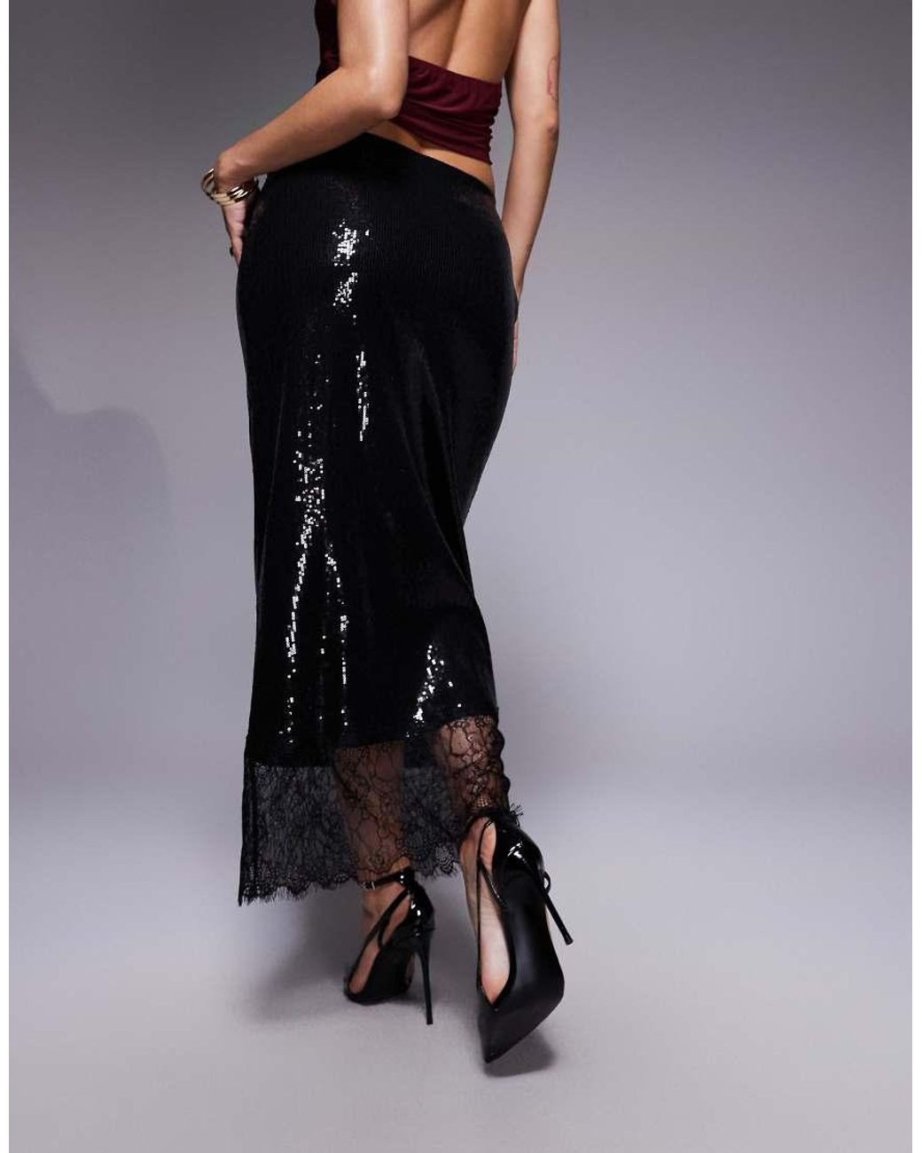 ASOS Blue Sequin Mid-rise Column Skirt With Lace Trim