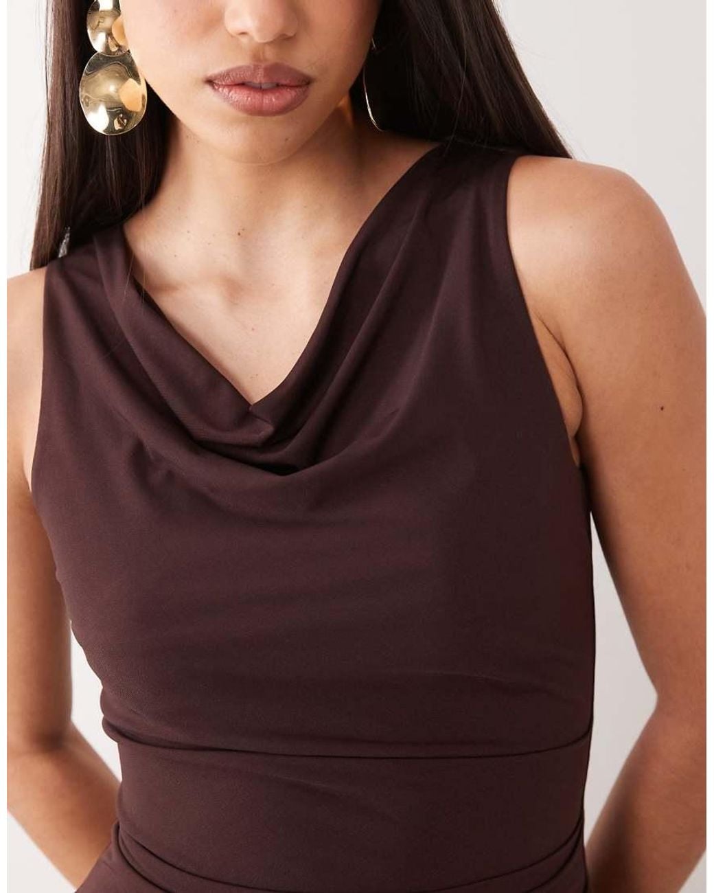 TFNC London Brown Slinky Cowl Neck Thigh Split Maxi Dress