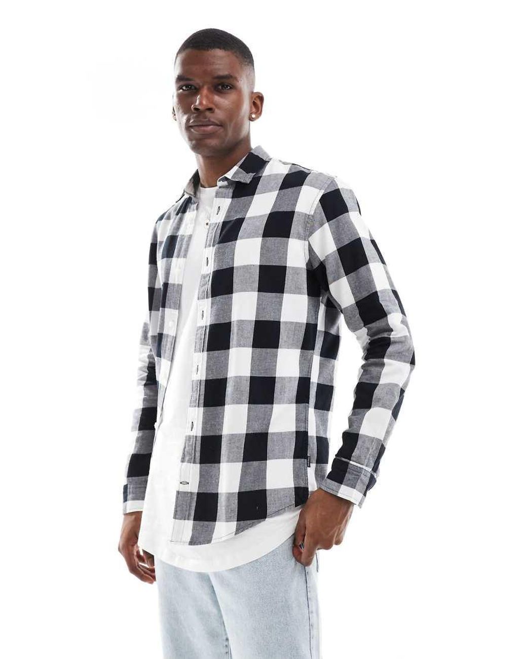 Jack & Jones Gray Essentials Flannel Buffalo Check Shirt for men