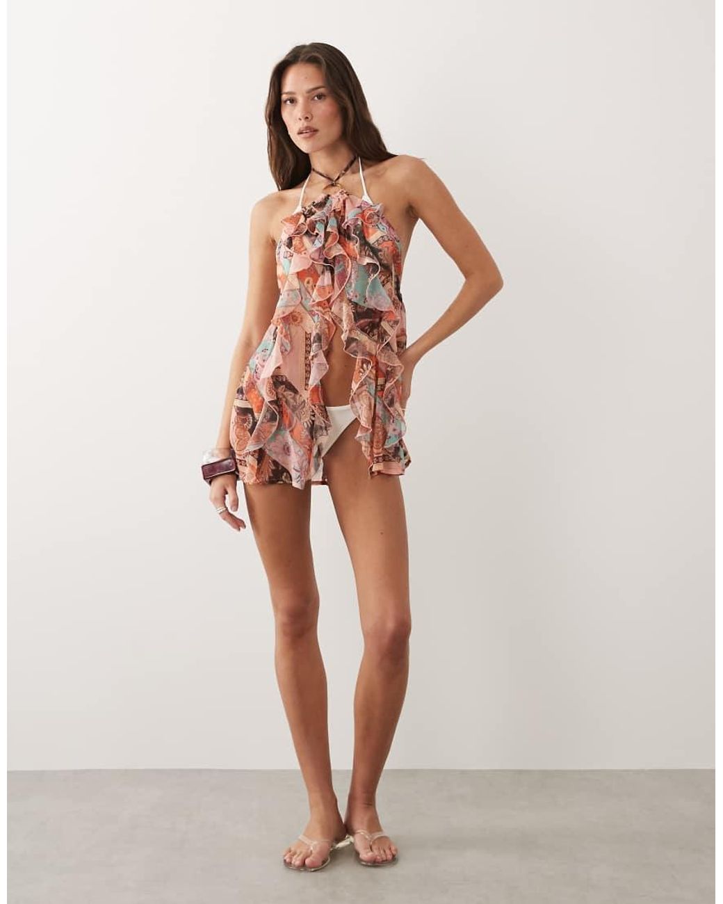 Miss Selfridge Brown Beach Ring Detail Halterneck Cut About Scarf Print Cover Up