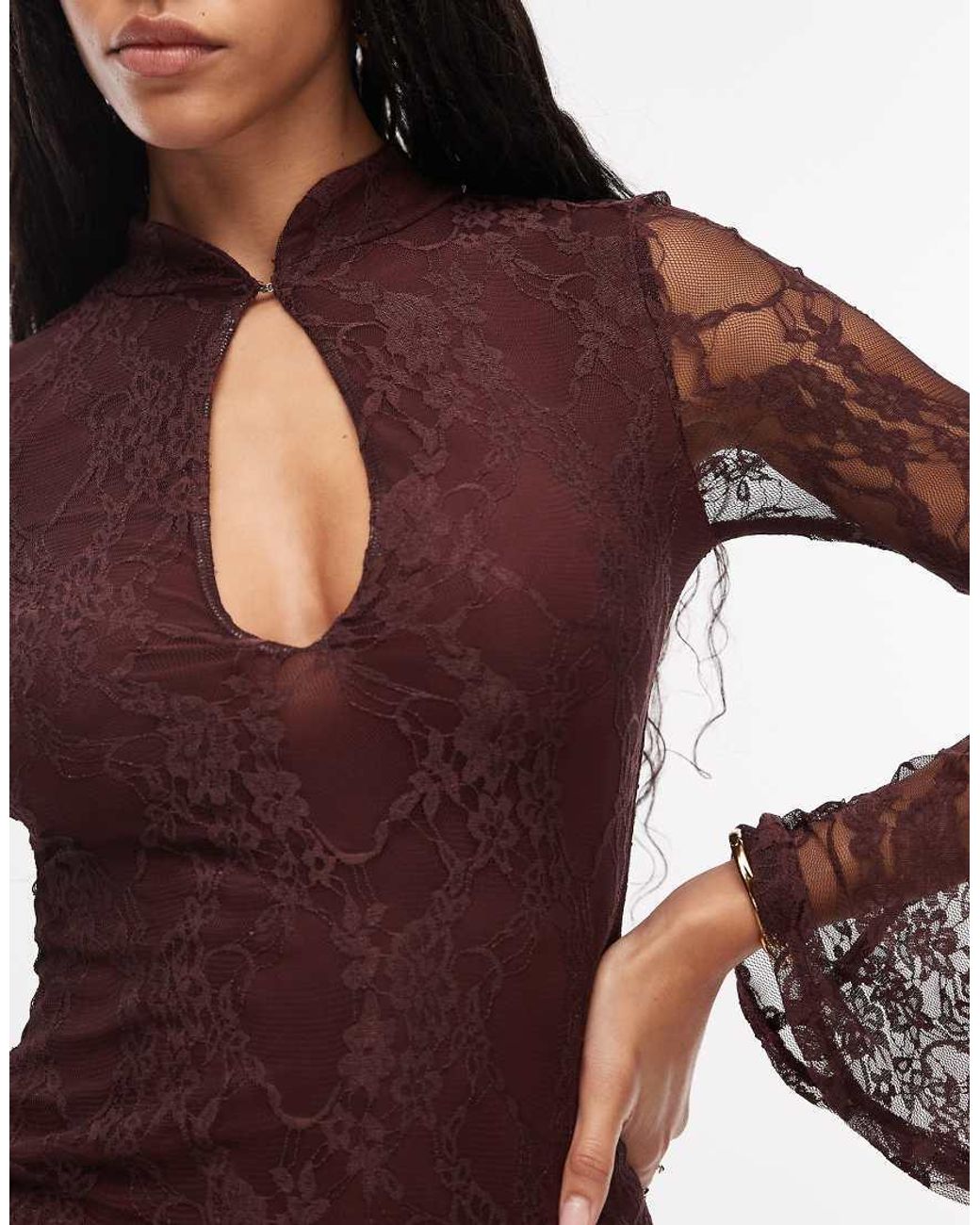 ASOS Red Lace Mini Flute Sleeve Dress With Mandarin Collar