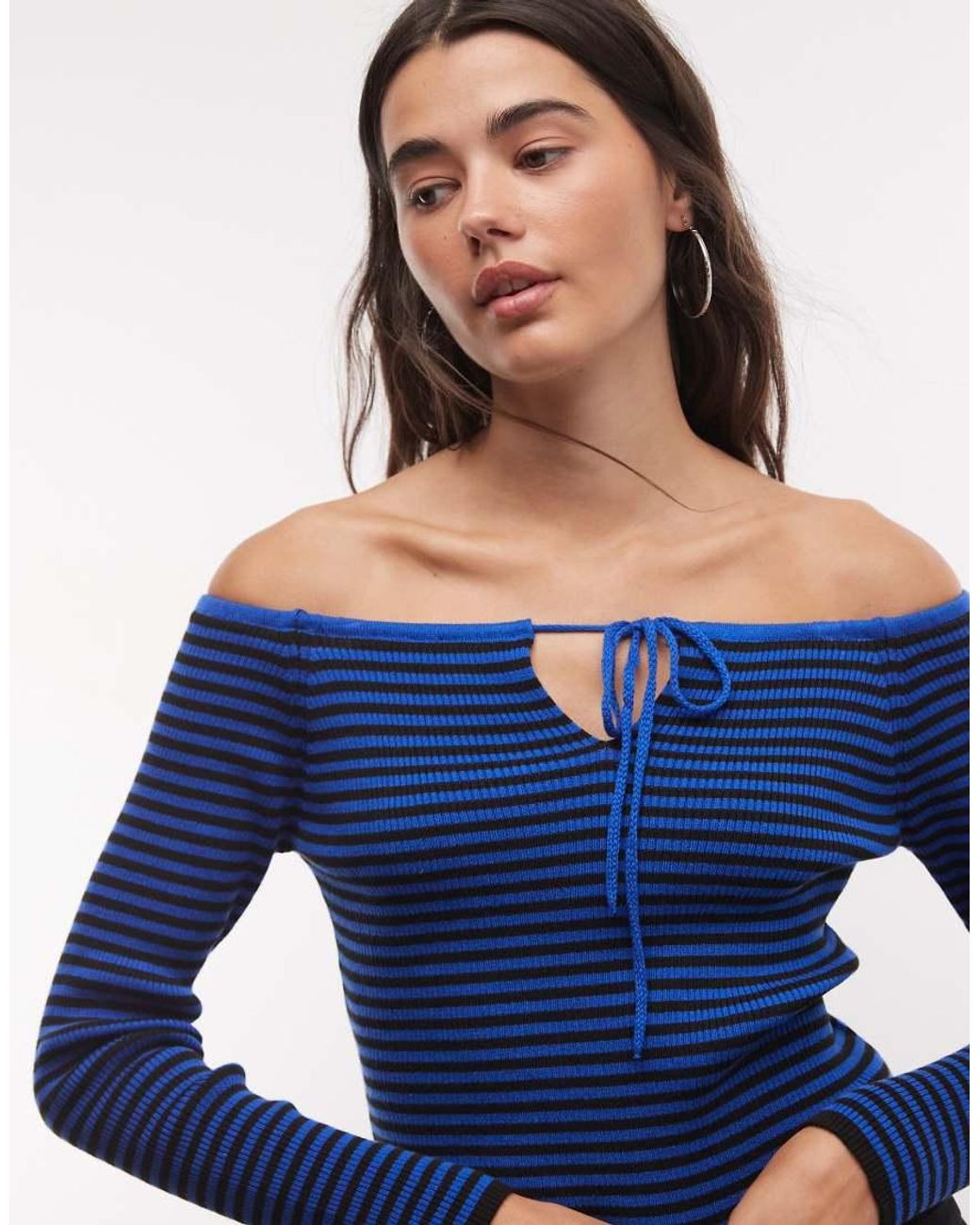 Collusion Blue Off The Shoulder Long Sleeve Cut Out Knitted Top