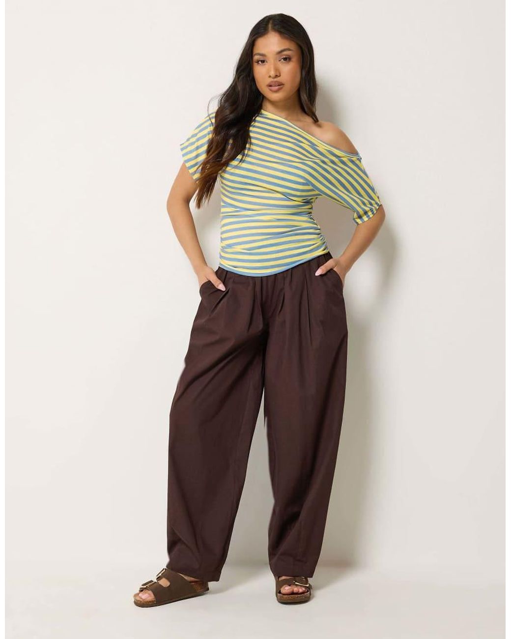 PixieGirl Green Petite Stripe Slash Neck Ruched T-Shirt