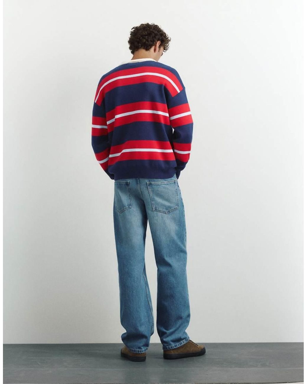 Pull&Bear Red Striped Knit Polo Shirt for men