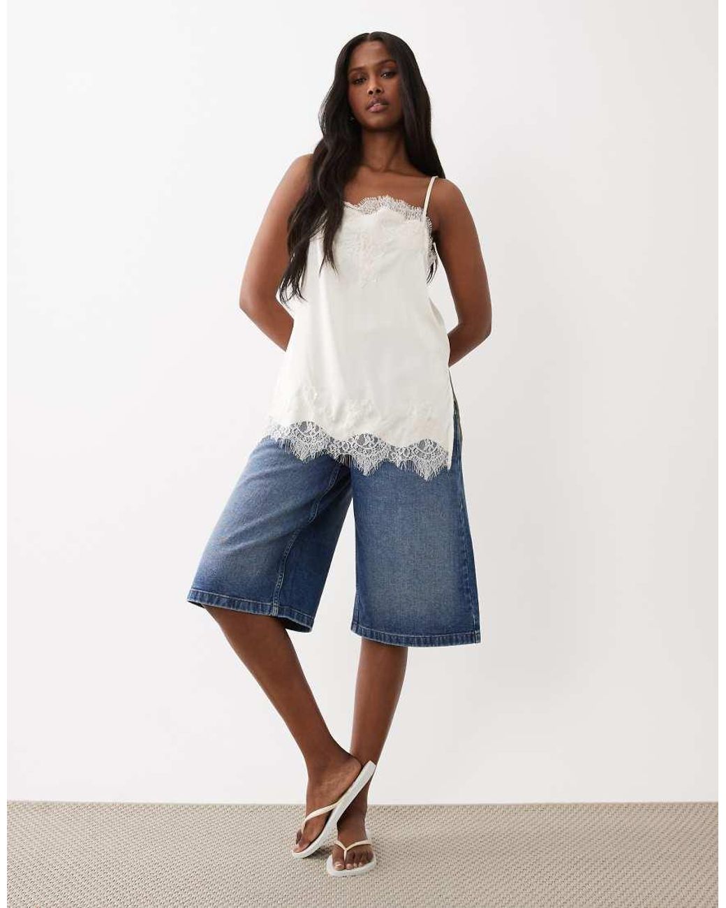 Gina Tricot White Satin Lace Detail Singlet
