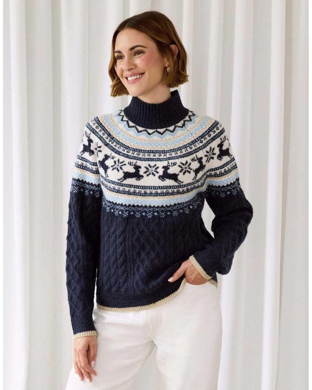 Threadbare Blue Reindeer Fairisle Cable Knit Christmas Jumper