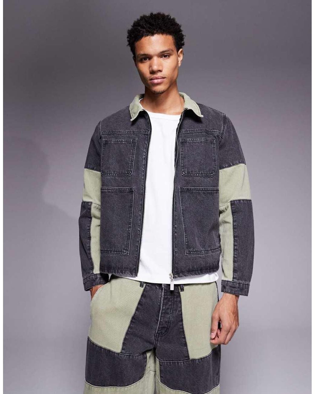 Liquor N Poker Blue Relaxed Zip Denim Biker Panel Jacket Co-ord for men
