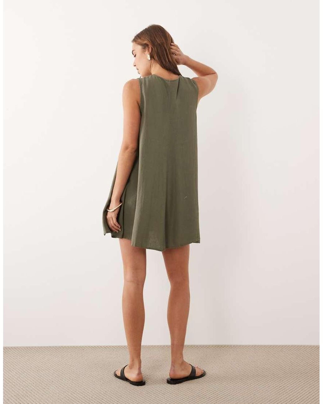 Jdy Green Linen Blend Pleated Mini Dress