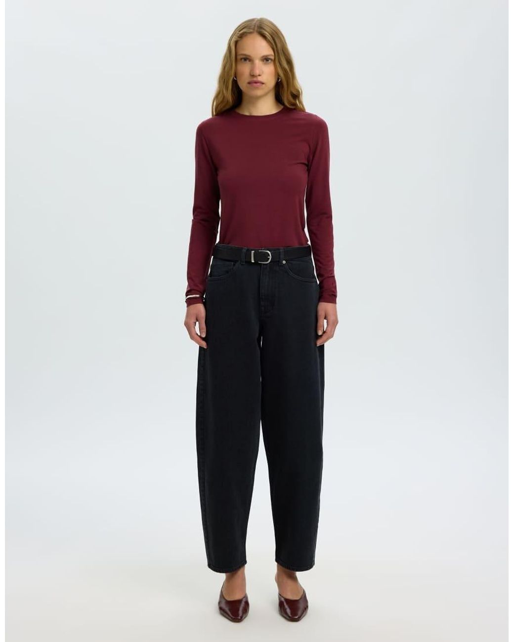 SELECTED Red Manja Leather Slim Fit Crew Neck Long Sleeve Stretch Top