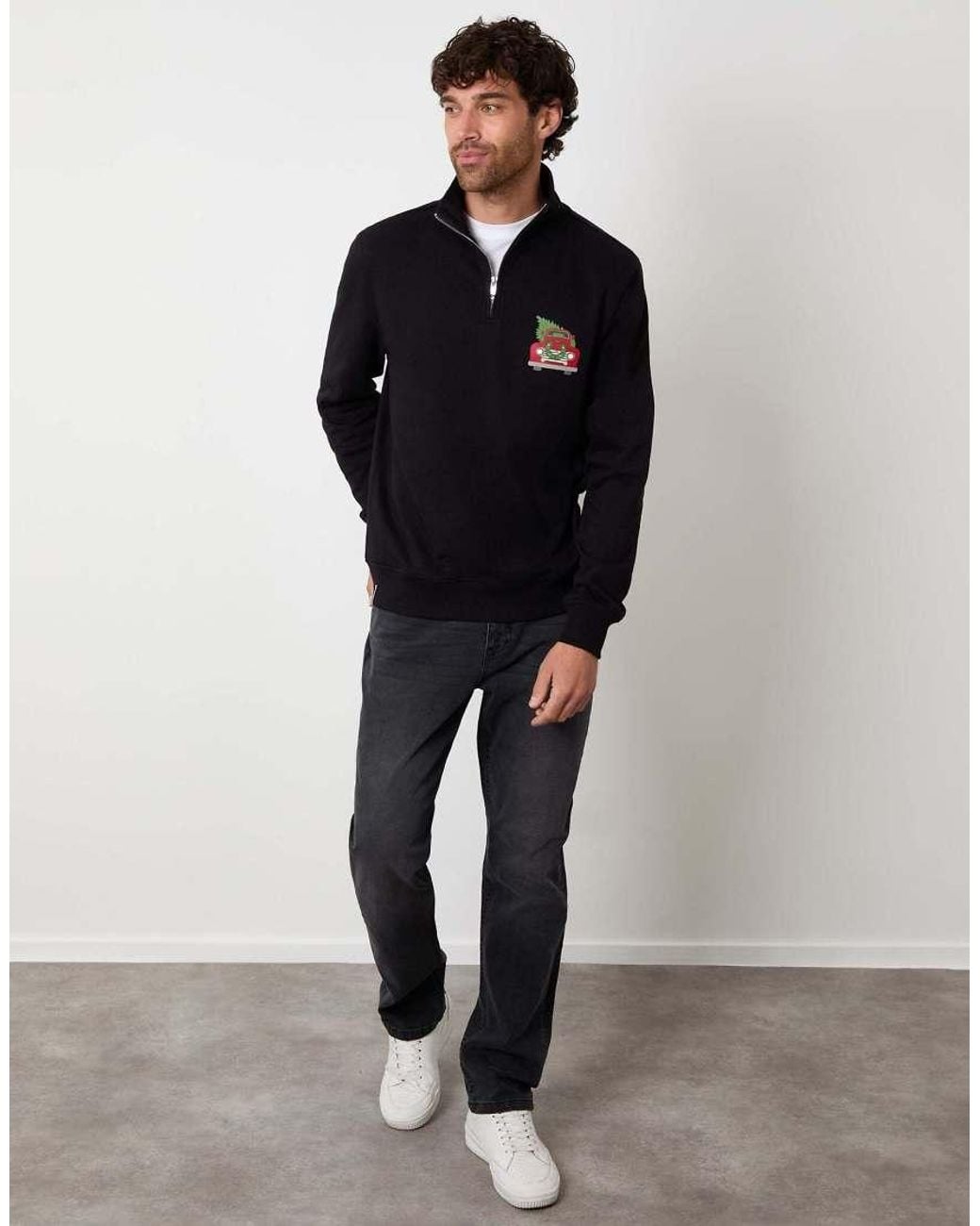 Threadbare Blue Christmas Graphic Print Quarter Zip Sweatshirt for men