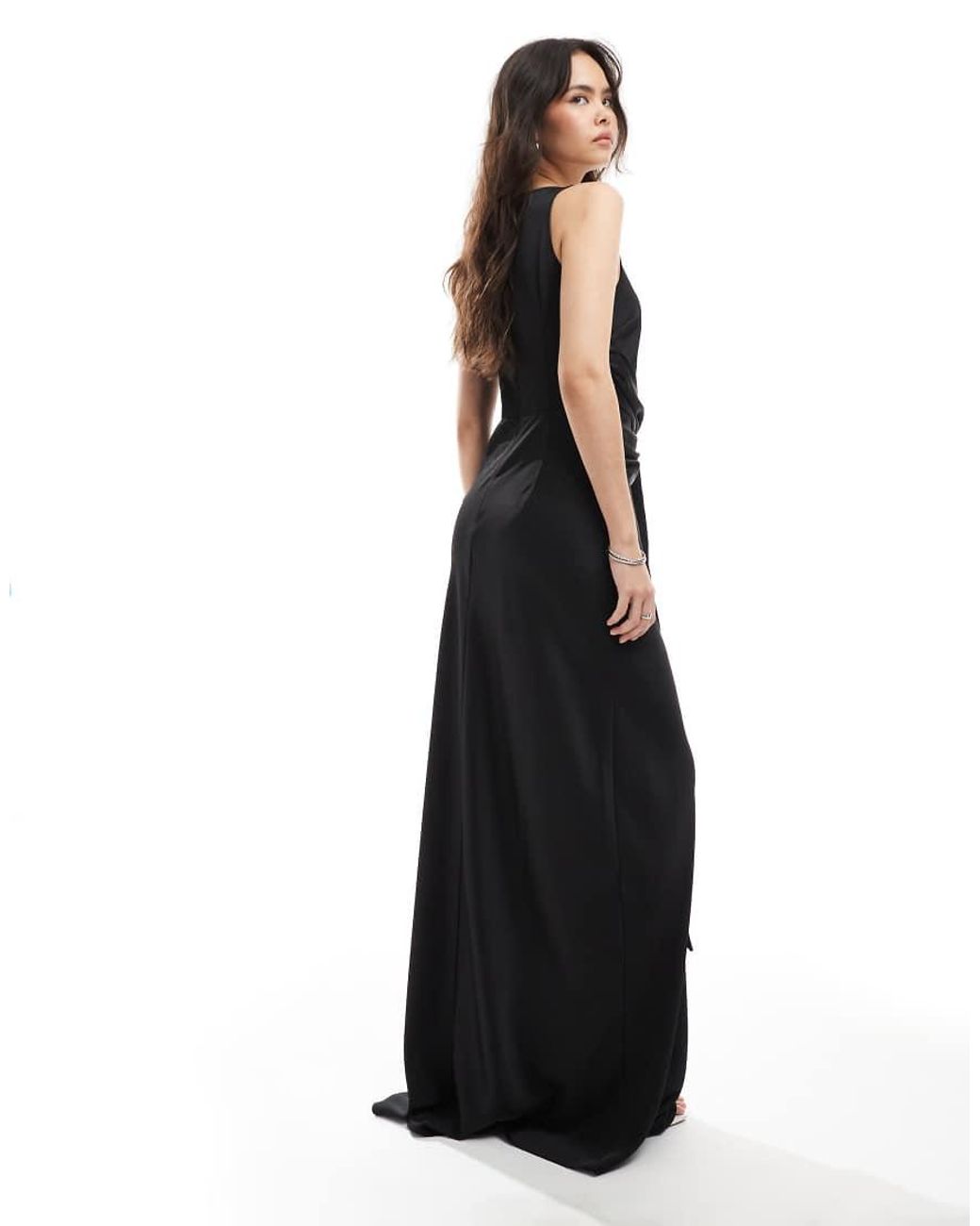 Six Stories Black Bridesmaid Knot Front Drape Satin Maxi Dress