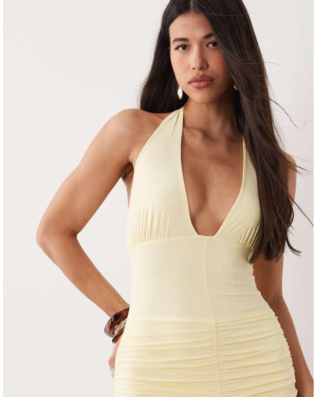 Fashionkilla Natural Exclusive Double Sculpted Slinky V Neck Halterneck Ruched Front Detail Maxi Dress
