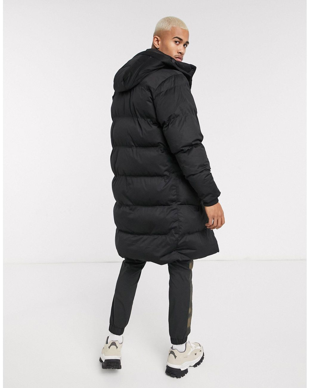 Pull&Bear Longline Puffer Jacket in Black for Men | Lyst