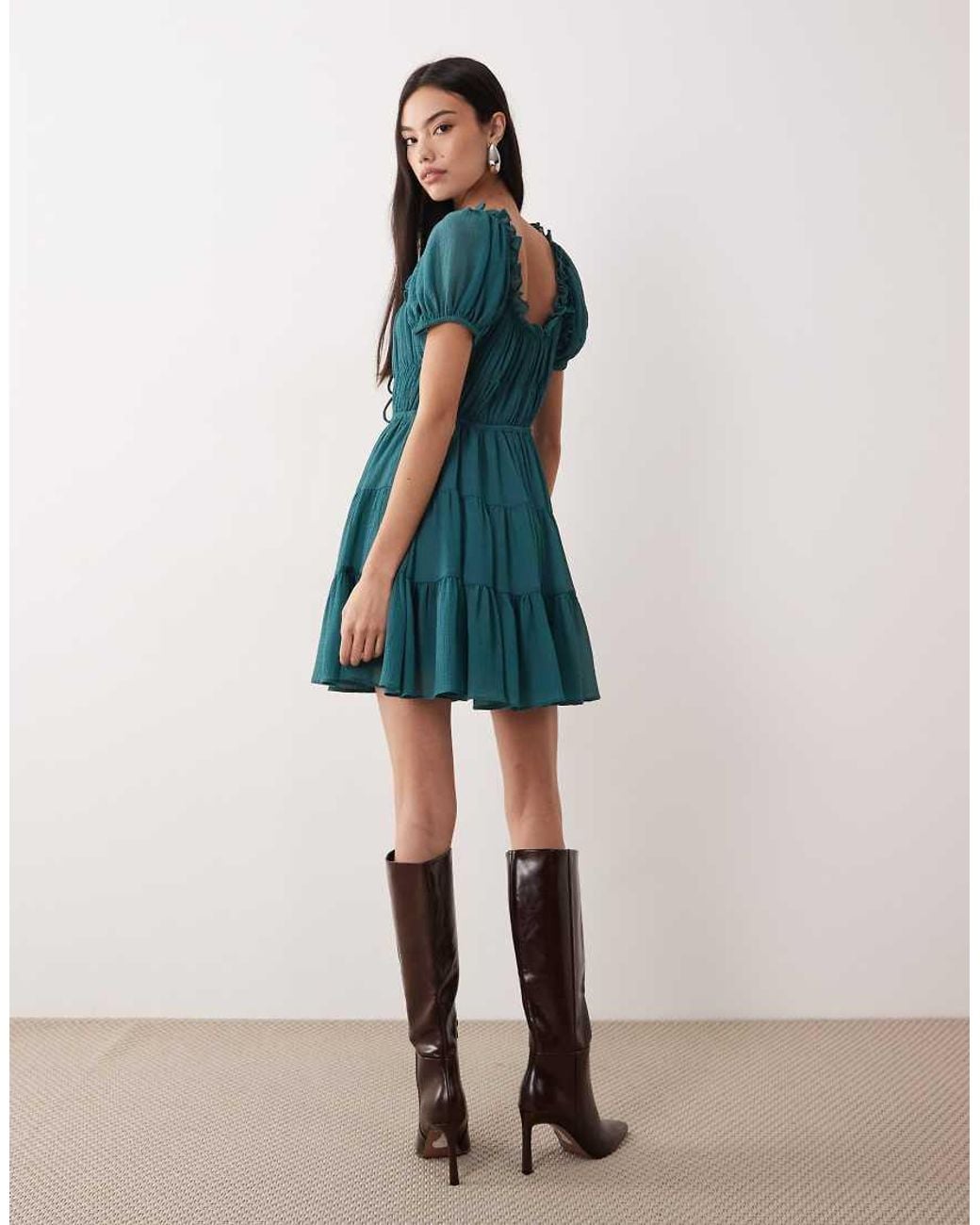 ASOS Blue Boho Ruffle Puff Sleeve Mini Dress