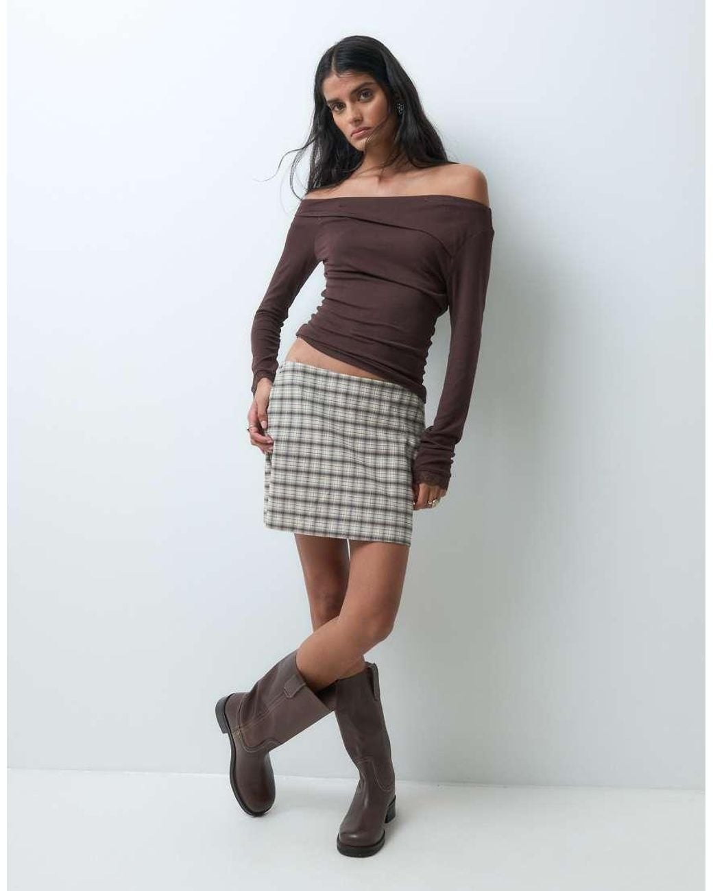 Miss Selfridge Brown Long Sleeve Twist Top With Lace Trim