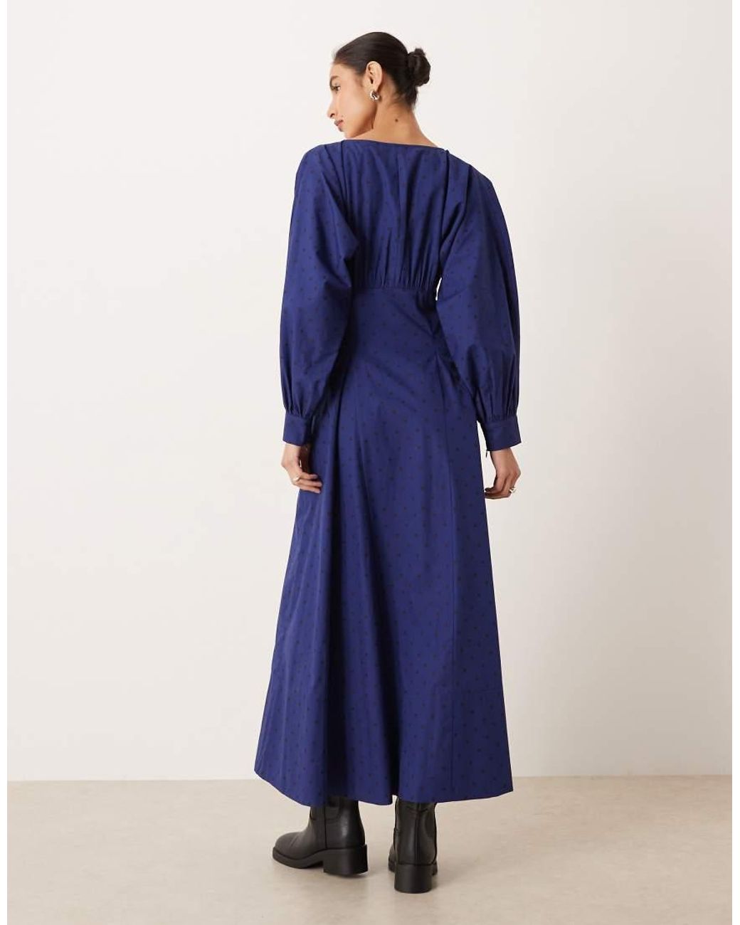ASOS Blue Long Sleeve V Neck Poplin Maxi Dress