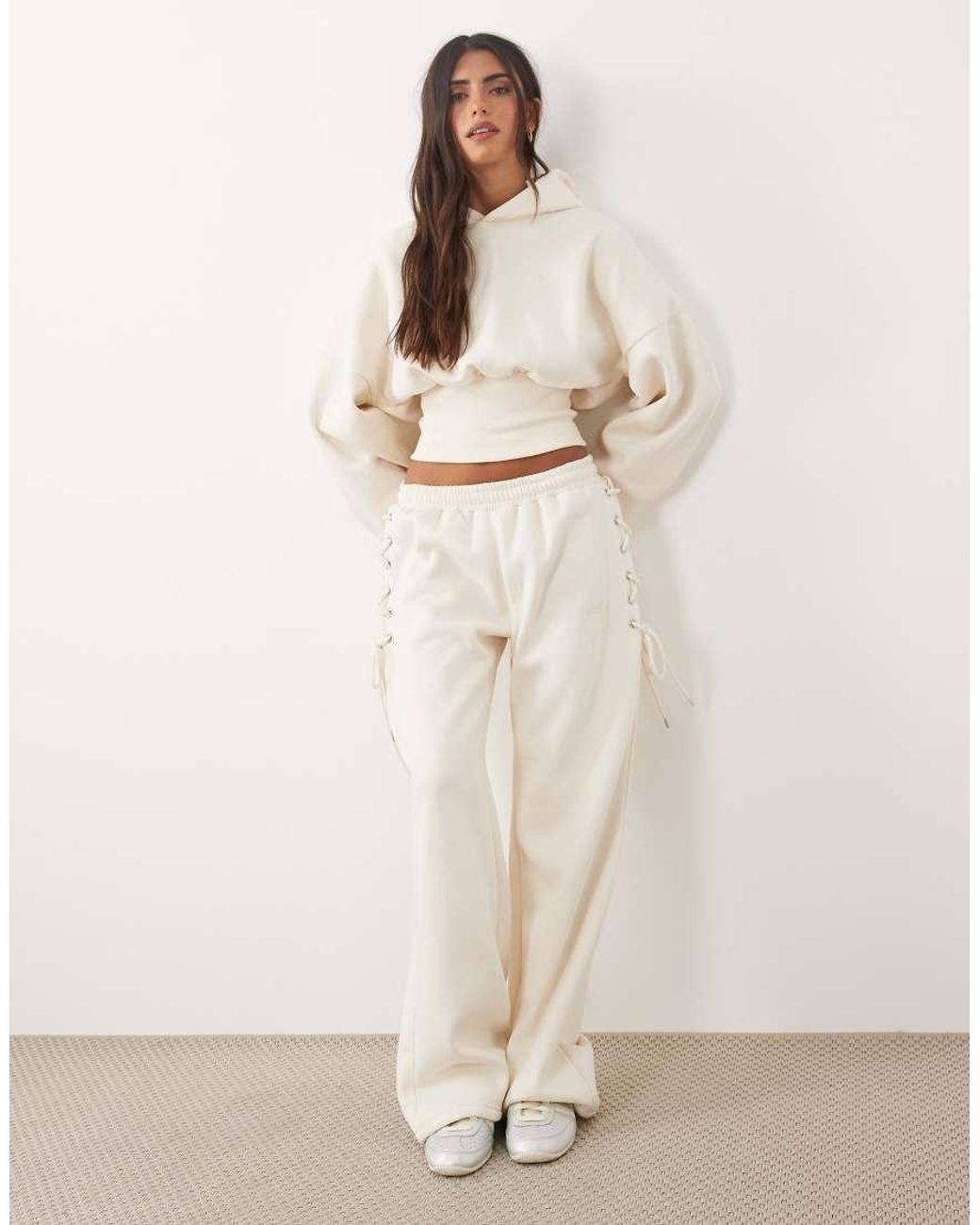 Kaiia Natural Cotton Rich Lace Up Side Detail Wide Leg joggers Co-ord