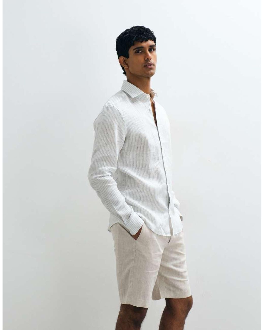 Mango White 100% Linen Striped Shirt for men