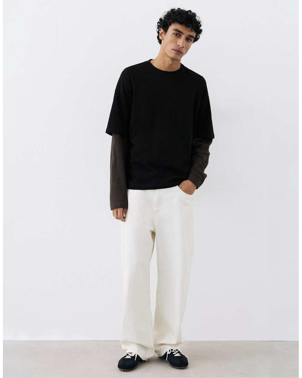 Pull&Bear Black Double Long Sleeve T-Shirt for men