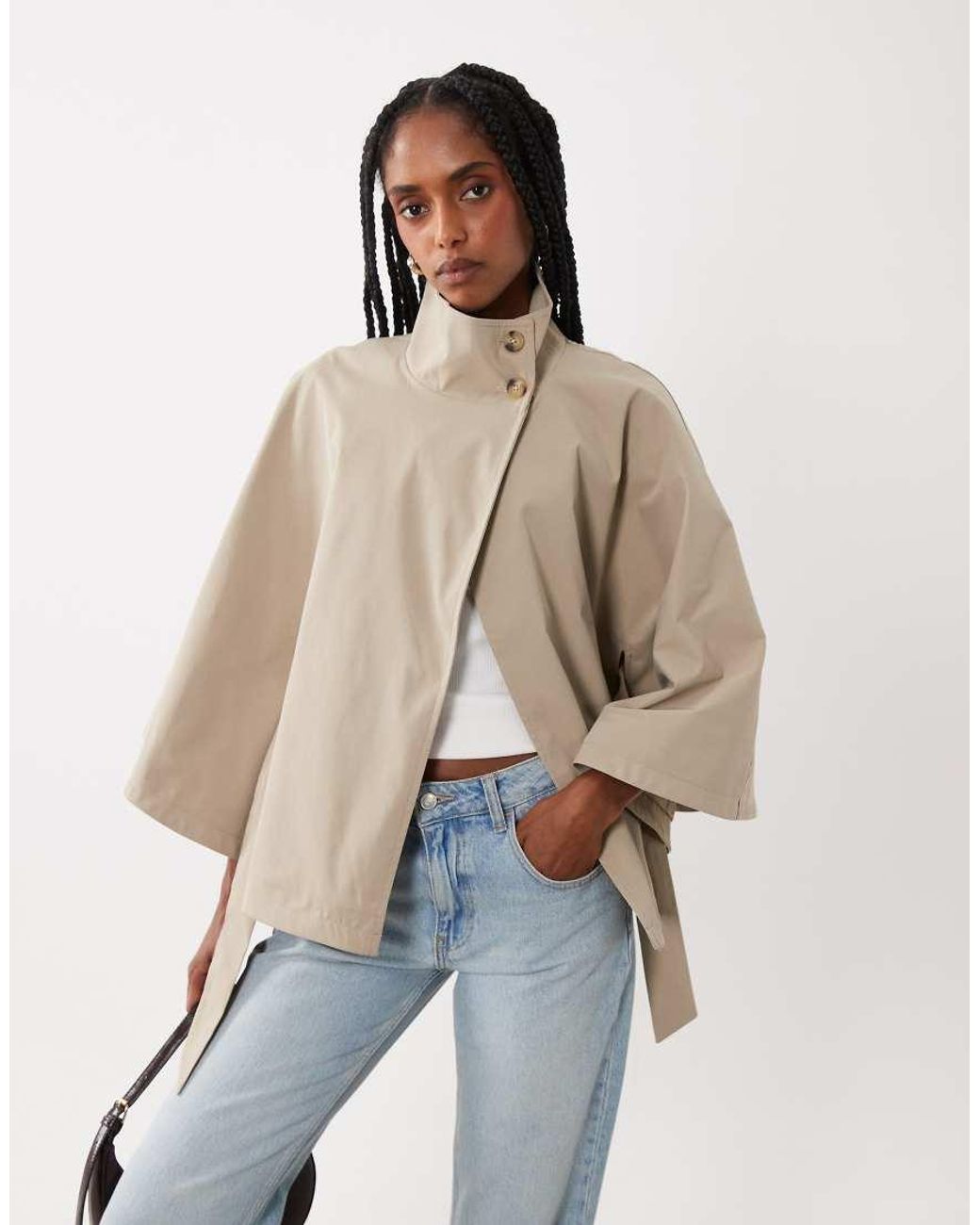 Threadbare Natural Short Cape Trench Jacket With Funnel Neck And Belt
