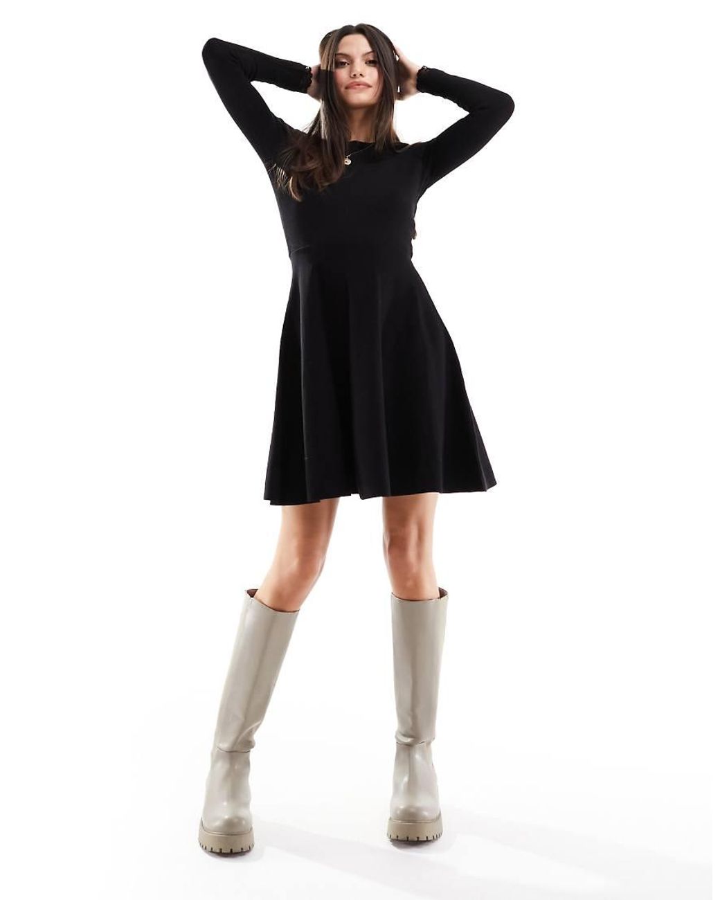 Y.A.S Black Y.A.S Knitted Fit And Flare Mini Dress With Lace Cuff Detail