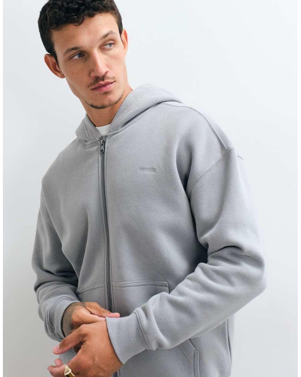 Hollister Gray Zip Through Boxy Hoodie for men
