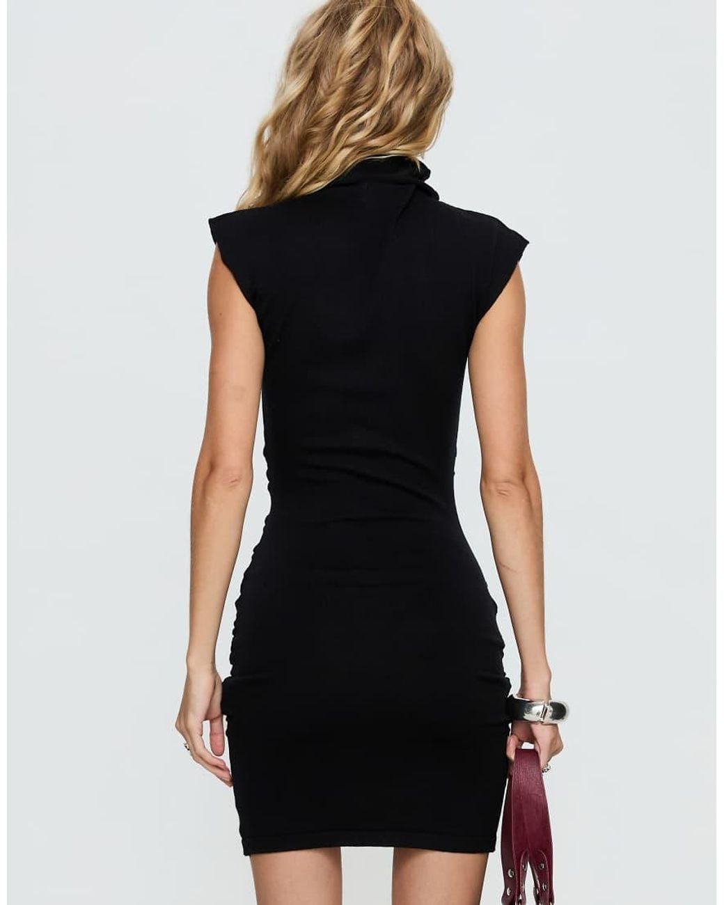 Princess Polly Black Ortensia High Neck Shoulder Pad Ruched Detail Mini Dress