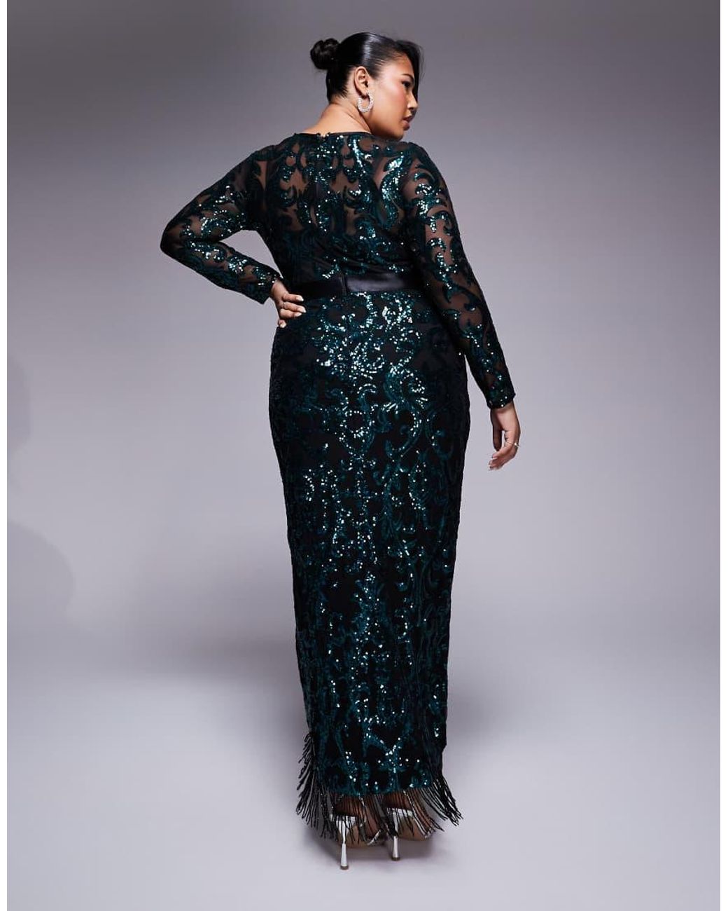 Goddiva Black Curve Tassel & Sequin Maxi With Front Split