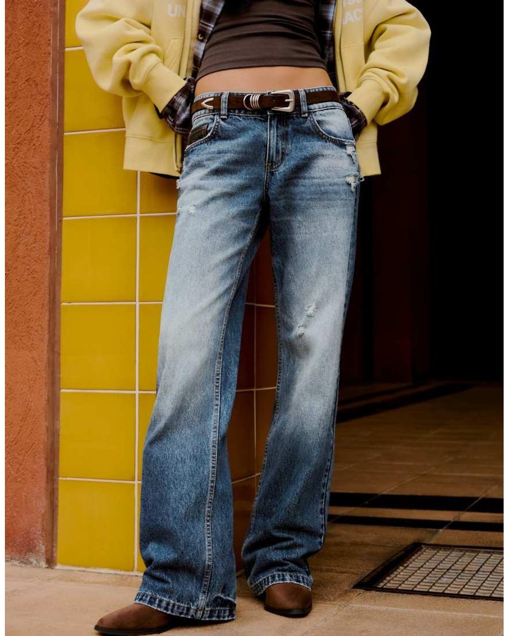 Bershka Blue Jeans With Leather-effect Details