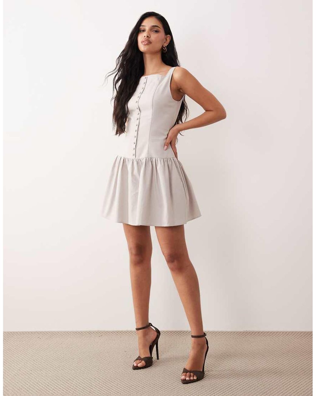 Kaiia Gray Exclusive Linen Blend Square Neckline Button Detail Mini Dress