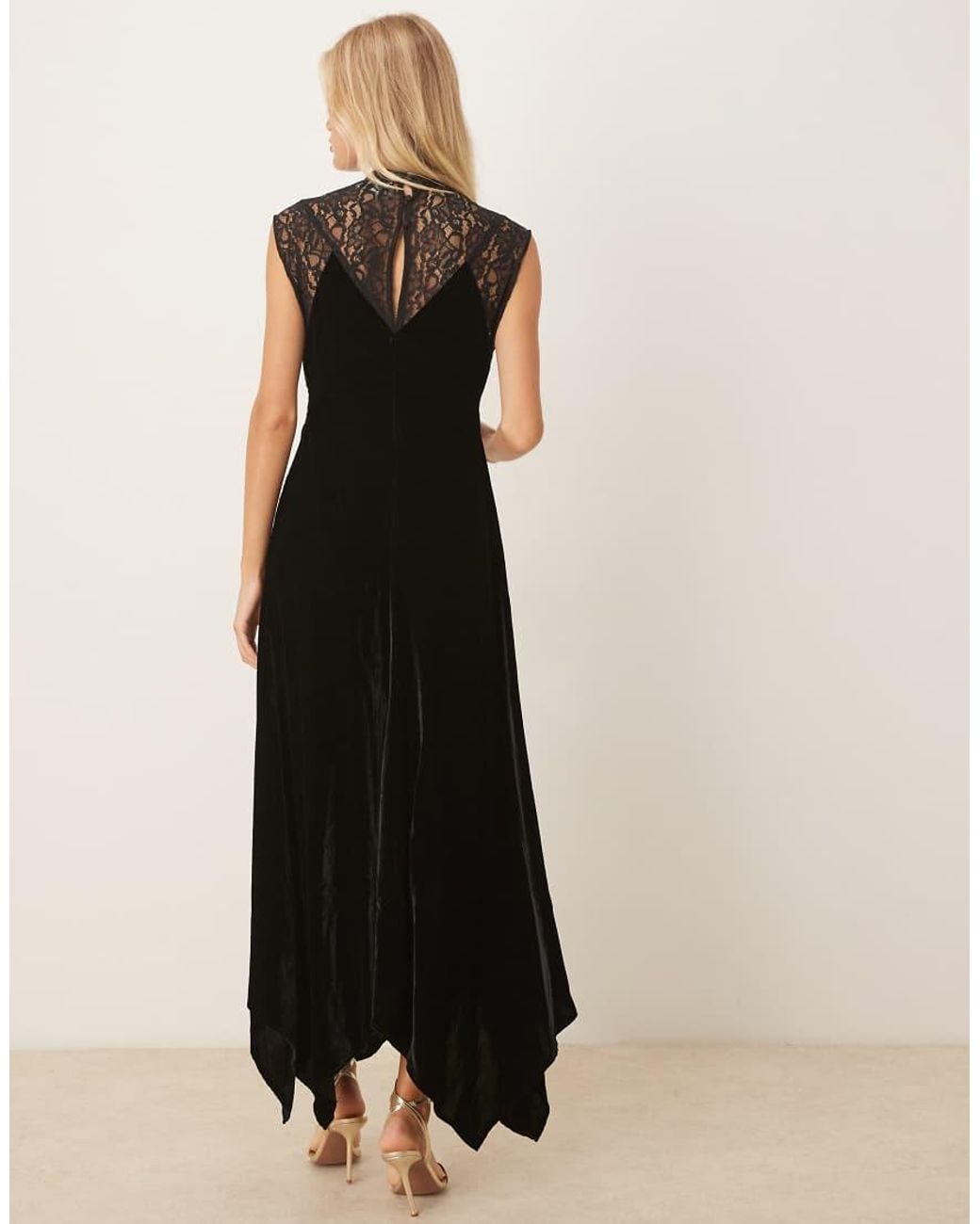 ASOS Black Velvet And Lace Mix Maxi Dress With Hanky Hem