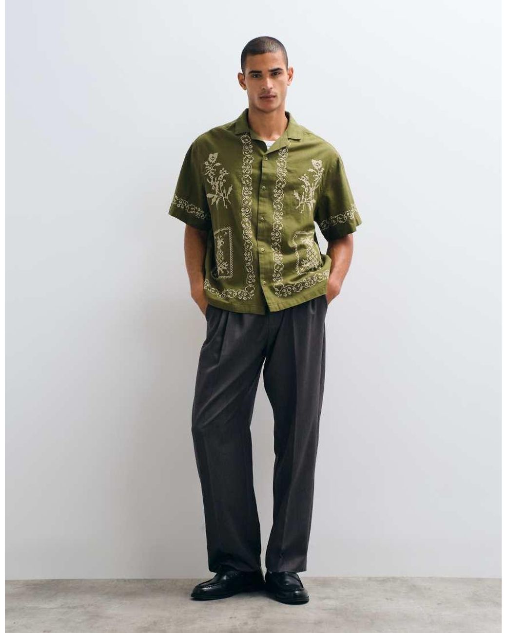 ASOS Green Oversized Shirt With Linen And Cross Stitch Embroidery for men