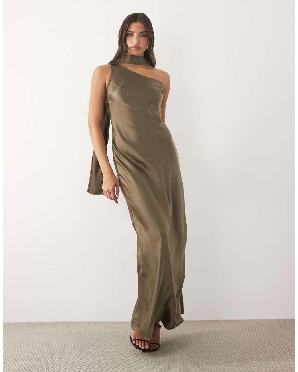 TFNC London Natural Satin One Shoulder Maxi Dress With Scarf