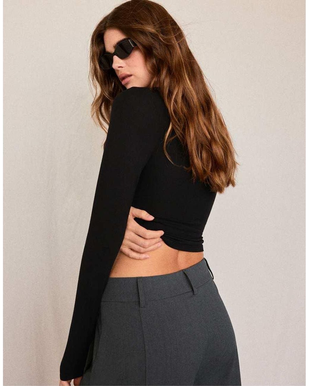 Stradivarius Black Long Sleeve V-neck Lace Top