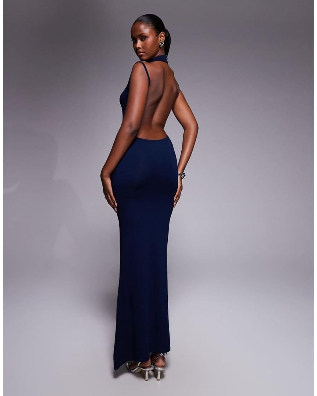 ASOS Blue High Neck Slash Shoulder Maxi Dress With Open Back