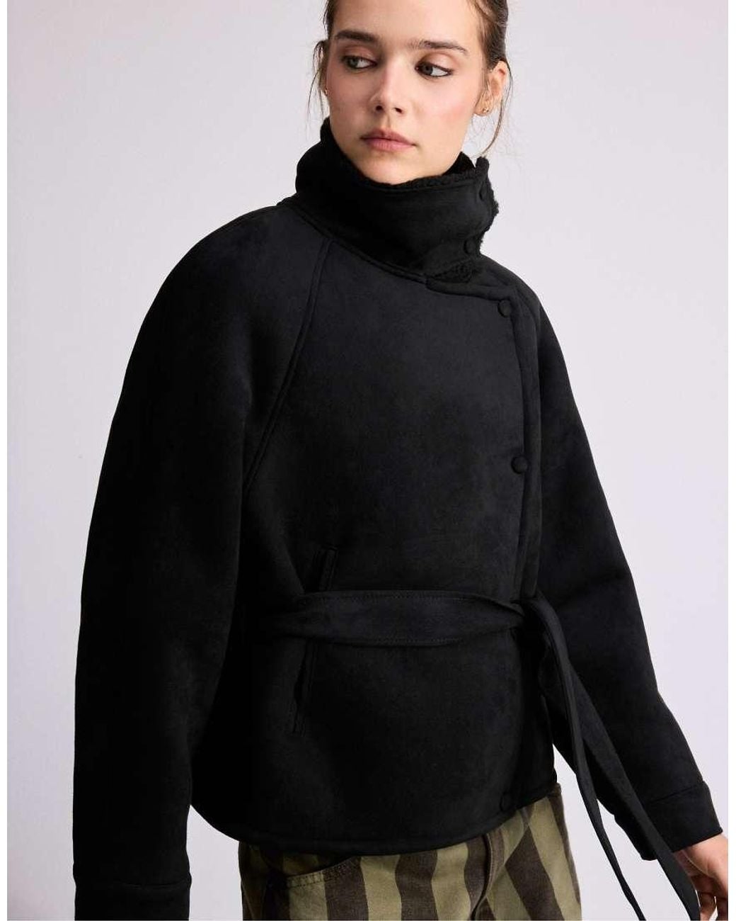 Stradivarius Black Faux Suede Double-Faced Jacket