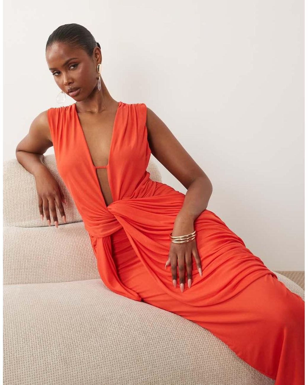 ASOS Red Plunge Neck Gather Detail Mesh Maxi Dress