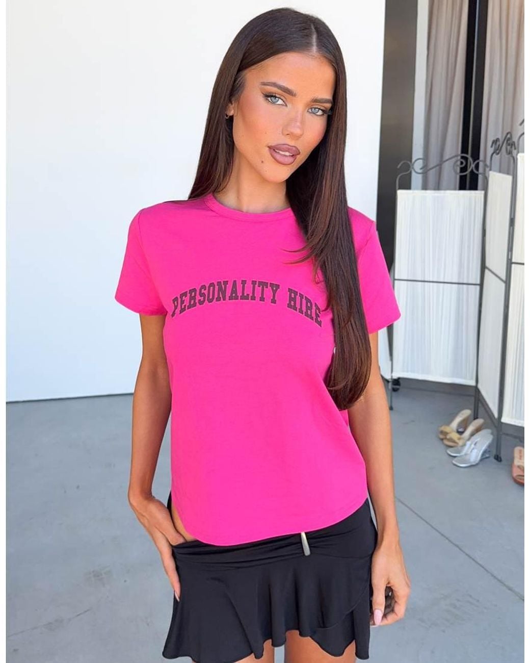 Tiger Mist Pink X Jessica Bader 'personality Hire' Graphic Fitted Baby Tee