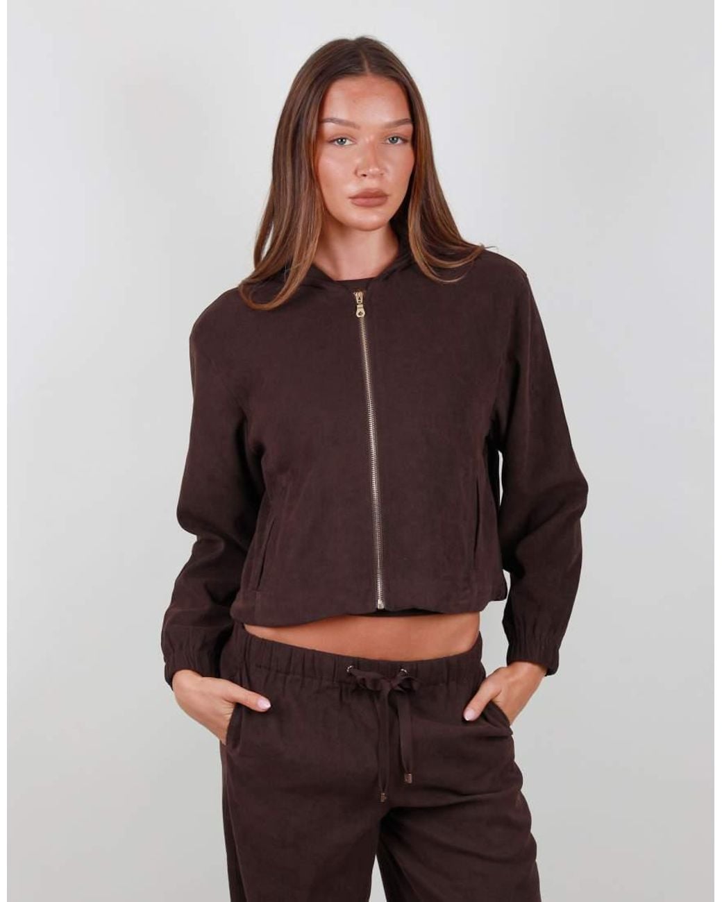 SIMMI Brown Suede Zip Bomber Hoodie