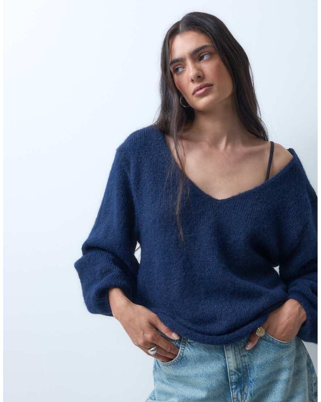 Monki Blue Knitted V-neck Jumper