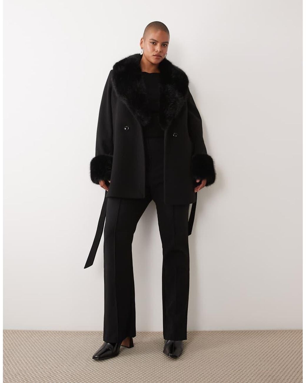 Forever New Black Faux Fur Trim Belted Short Coat