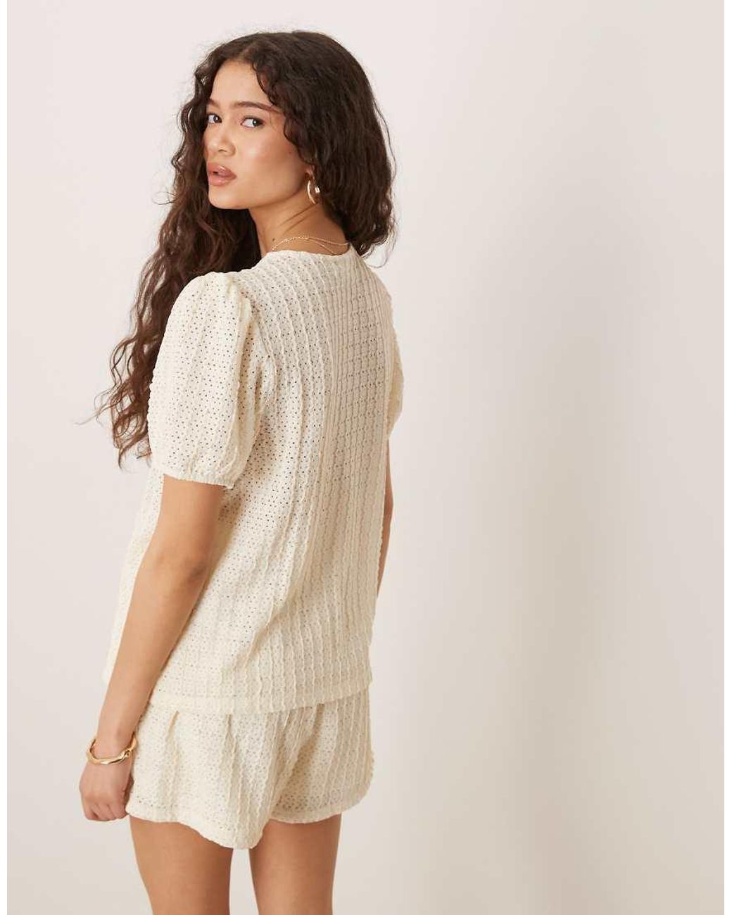 Vila Natural Textured Puff Sleeve T-Shirt Co-Ord