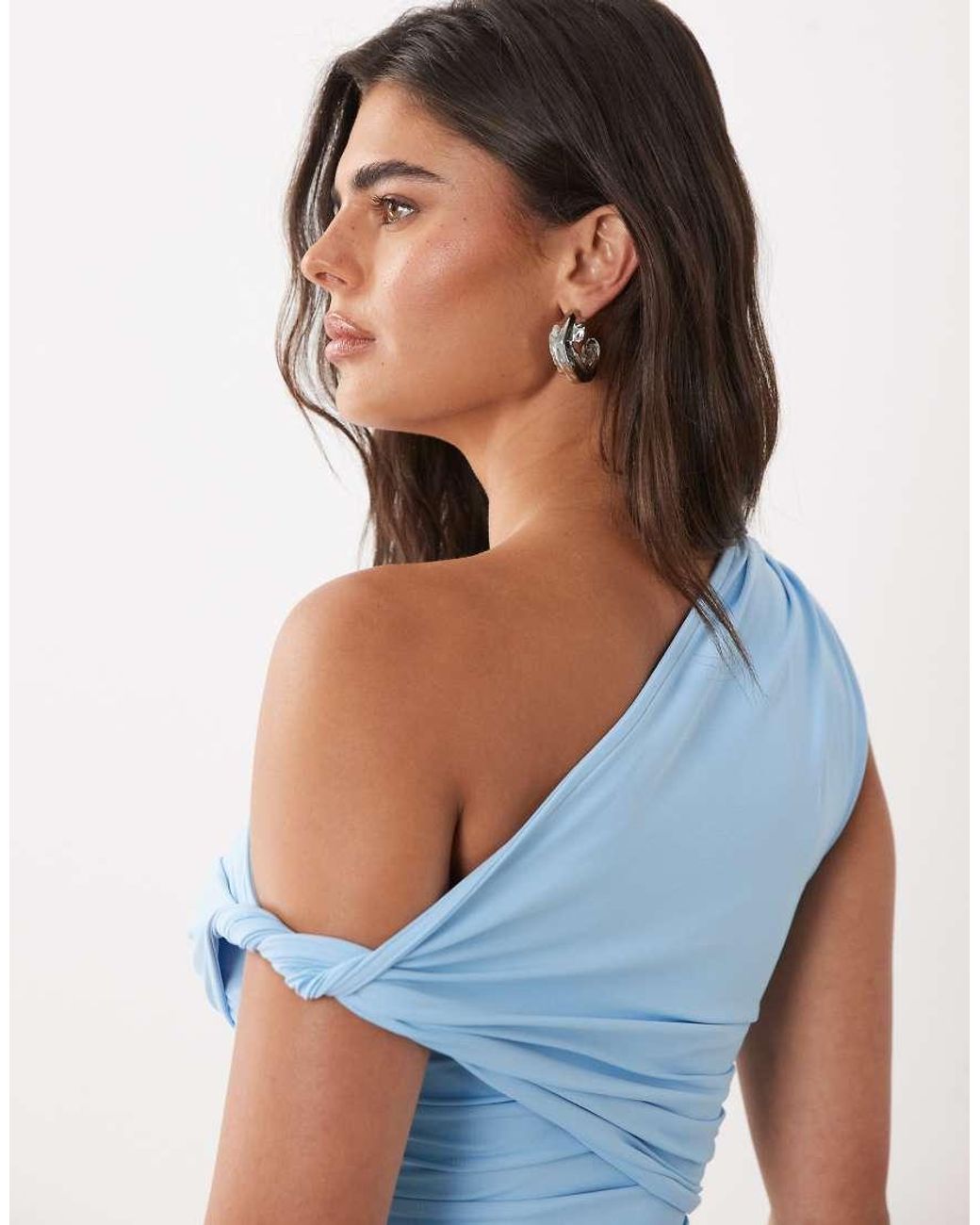 ASOS Blue Polyamide Ruched Twist Side Cut Away Draped Top