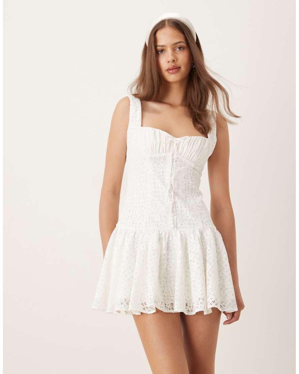 For Love & Lemons Natural Daisy Square Neck Lattice Lace Mini Dress