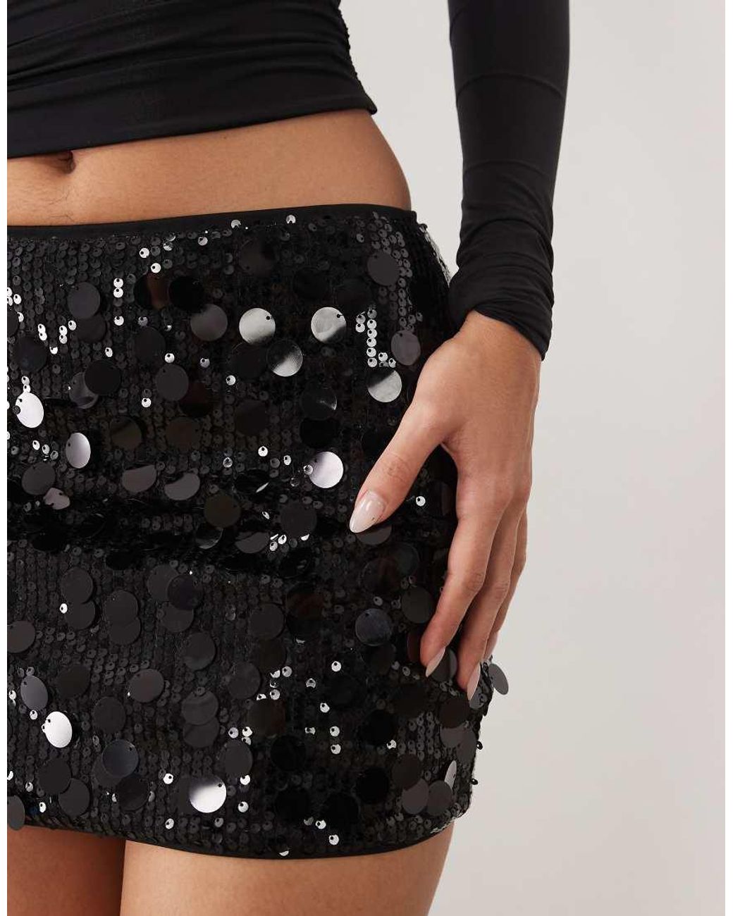 Kaiia Black Exclusive Disc Sequin Mid Waist Mini Skirt