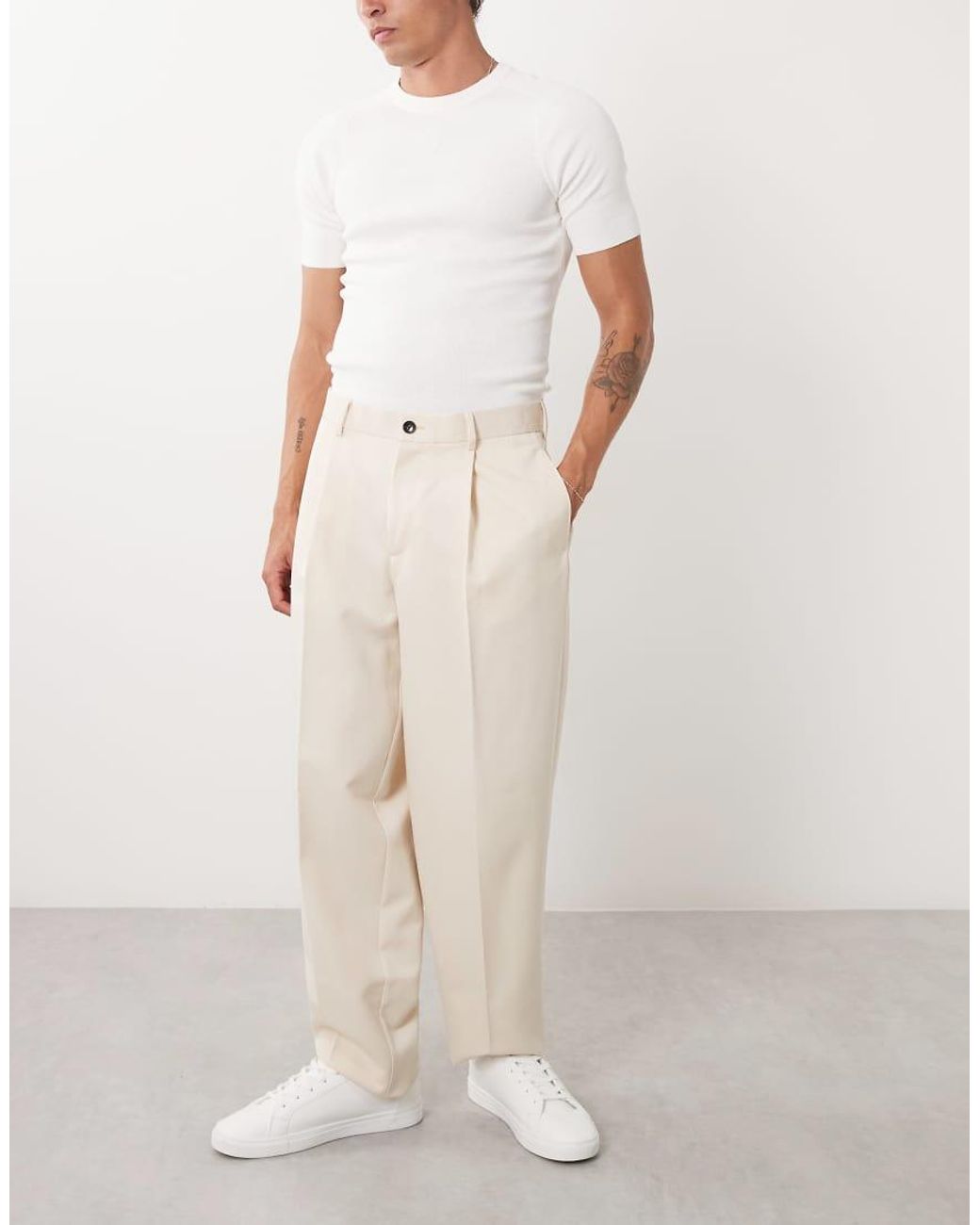 ASOS Natural Tailored Pleated Oversized Tapered Trousers for men