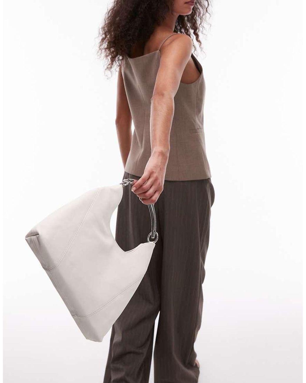 Mango Brown Leather Shoulder Bag With Metal Detail Handle