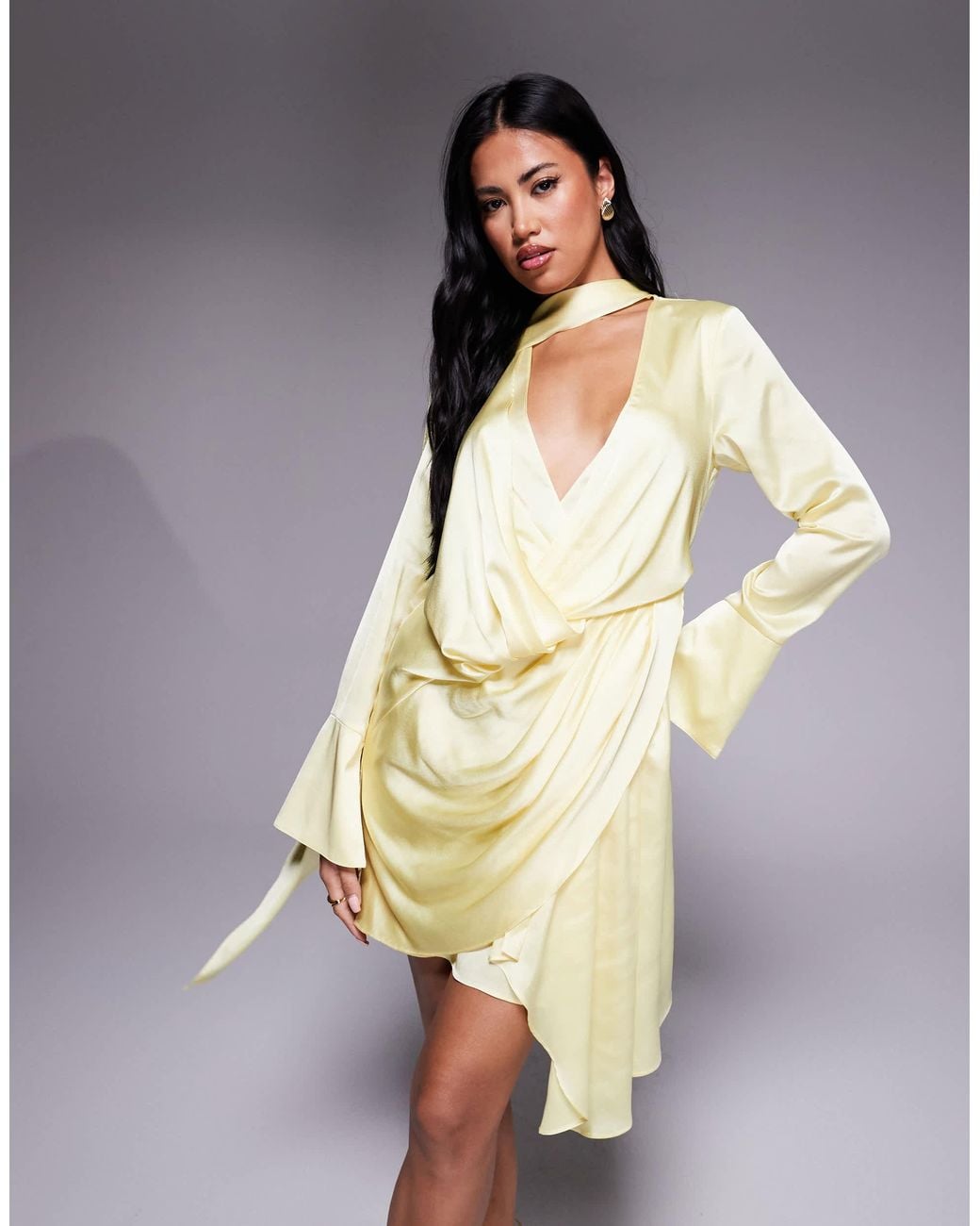 ASOS Blue Satin Long Sleeve Plunge Mini Dress With Drape Neck Scarf And Wrap Skirt